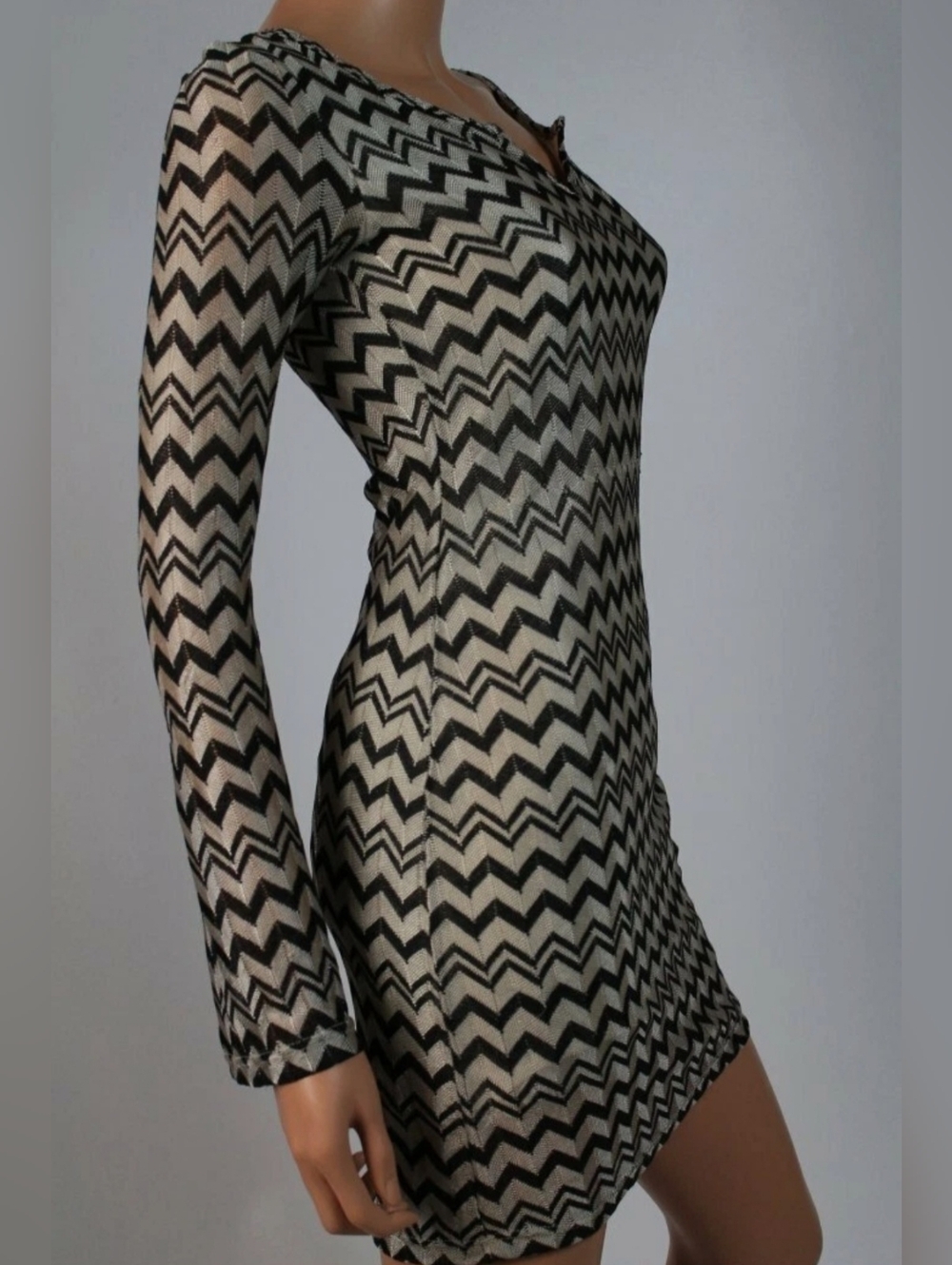 Chelsea & Violet Black and Tan Chevron V-Neck Dress. S